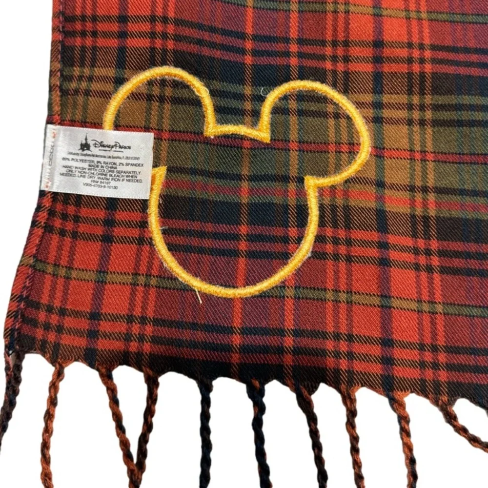 Disney Parks Mickey Embroidered Plaid Fall Fringe Scarf - Picture 3 of 3